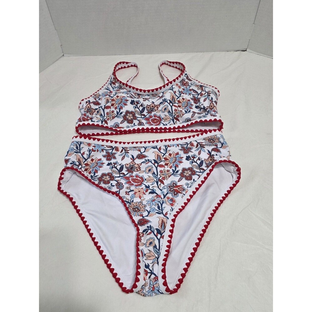 Two Piece Swimsuit White, Red, Blue and Peach Woman's Size Lg